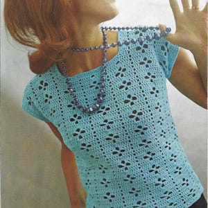 PDF Crochet Pattern Ladies Lacy Flower Motif Top Short Sleeve Sweater Cotton 4ply  Fingering  34 - 38" Vintage 60s Downloadable