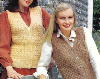 Ladies Cable or lace V Neck Waistcoat Womens Slim Fit Vest Sleeveless Cardigan PDF Knitting Pattern DK 8ply 32 - 40" Vintage Downloadable