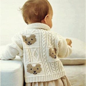 Teddy Bear Motif Patch Work Effect Cable Block Cardigan Jacket PDF Knitting Pattern 6 - 18 mths 20 - 22" Toddler Baby Girls 4ply Fingering