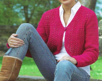 Women's One Button Lace Front Bolero Knitting Pattern PDF Ladies Long Sleeve Cardigan Jacket DK 8ply 32 - 44" Downloadable