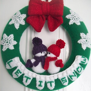 Knitting Pattern PDF Christmas Wreath ' Let It Snow ' Banner Snowman Snowflake Big Bow DK 8 ply 35cm Xmas Gift Decoration Ornament BB007 image 1