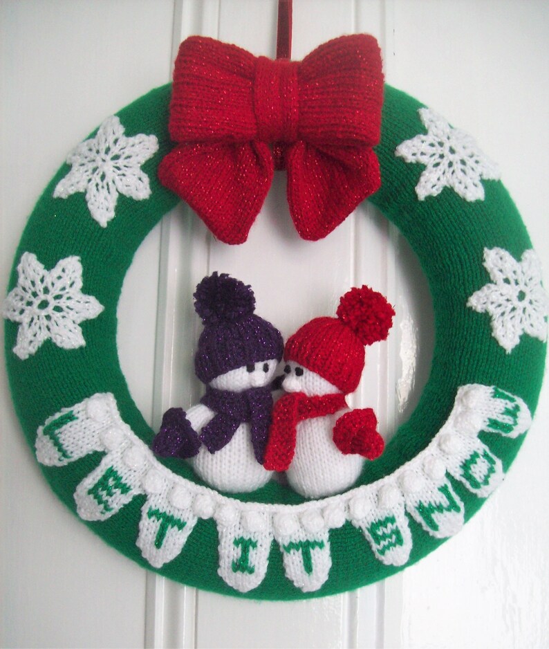 Knitting Pattern PDF Christmas Wreath ' Let It Snow ' Banner Snowman Snowflake Big Bow DK 8 ply 35cm Xmas Gift Decoration Ornament BB007 image 1