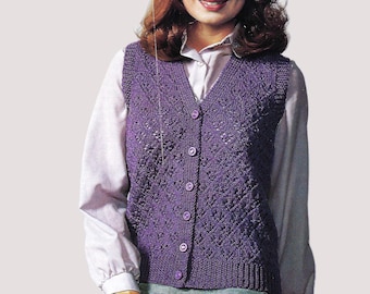 Ladies Lacy Waistcoat PDF Knitting Pattern Women's V Neck Vest Diamond Design Sleeveless Jacket DK 8ply 32 - 40" Vintage Downloadable