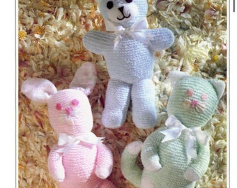 Easy Knitting pattern PDF download Teddy Bear Rabbit and Cat soft toys Double knit DK 8ply 3.75mm knitting needles Animal comforter