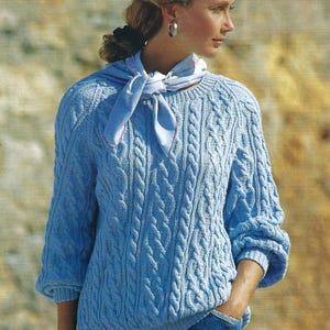 Womens Smart Cable Sweater PDF Knitting Pattern Ladies Round Neck Raglan Jumper Pullover DK 8ply 30 - 46&quot; Plus Sizes Vintage Downloadable