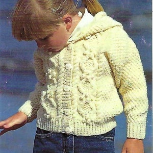 Baby Boys Girls Hooded Jacket Cable Cardigan PDF Knitting Pattern Aran ( 10 ply, Worsted ) 18 - 26&quot; 3 mths - 6 years Childs Hood Vintage
