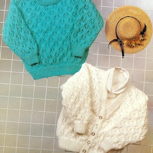 Baby Toddler Girls Easy Knit Lacy V Neck Cardigan & Crew Sweater Jumper PDF Knitting Pattern DK 8ply 16 - 22&quot; 0 - 2 yrs Vintage Download