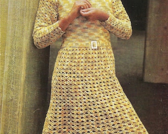 Vintage Crochet Pattern PDF Ladies Dress Women's Long Sleeve Plain Bodice Lace Skirt Dress with Belt 4ply 34 - 38" Downloadable