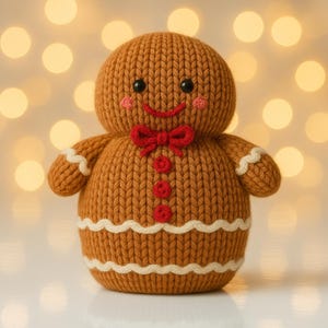 May include: A knitted gingerbread man doll with a round head, arms, and body. The doll is brown with a red bow tie, red buttons, and a smiling face. White icing details the edges of the body and arms.