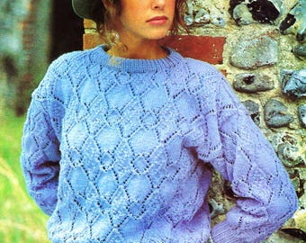 Ladies Diamond Lace Sweater Womens Round Neck Lacy Jumper PDF Knitting Pattern DK 8ply 34 - 44" Vintage Downloadable