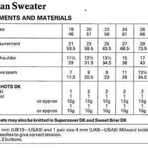 May include: A chart with measurements and materials for knitting a snowman sweater. The chart includes sizes for chest, garment measurement, length from shoulder, and length of sleeve seam. It also lists the yarn needed for each size, including the color and quantity.