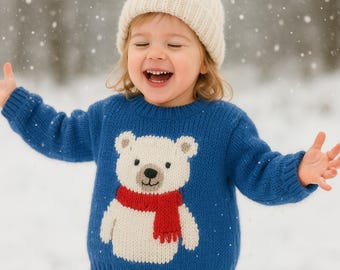 Child's Pola Bear Motif Christmas Jumper Sweater PDF Knitting Pattern Boys Girls Baby Toddler  Intarsia Pullover DK 18 - 26" 3mths - 7 yrs