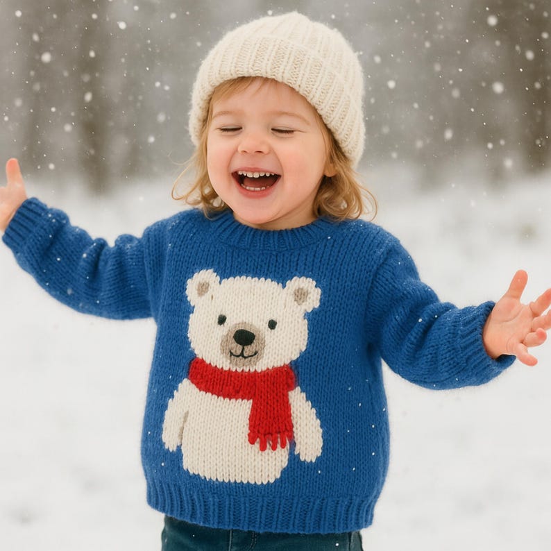 May include: A child wearing a blue knit sweater with a white polar bear design and a red scarf, paired with a cream-colored beanie. The child is smiling with arms outstretched in a snowy outdoor setting.