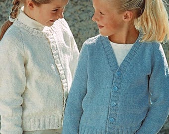 Girls Easy Plain Raglan Cardigan V Round Neck Childs Jacket PDF Knitting Pattern DK 8ply 22 - 32" Toddler Age 1 - 12  Vintage Downloadable