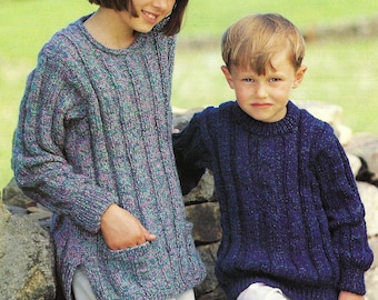 Boys Girls Easy Knit Roll Neck Childs Rib Cable Sweater Tunic Jumper Pockets PDF Knitting Pattern Aran 10ply Worsted 20 - 30" Age 1 - 10 yrs