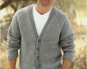Easy Knit Mens Chunky Cardigan Plain Raglan V Neck Jacket PDF Knitting Pattern Bulky 12 ply 38 - 48" Downloadable