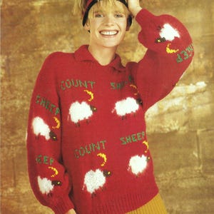Knitting Pattern PDF Ladies Count Sheep Motif Sweater Womens Animal Intarsia Jumper DK 8ply 28 - 38" Older Girls Age 8 - Adult Vintage