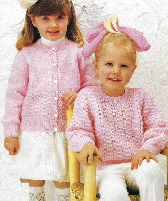 Toddler Girls Easy Knit Lacy Sweater & Cardigan Childs Lace Jumper Jacket PDF Knitting Pattern DK 8ply 22 - 24" Age 1 - 4 Vintage Download