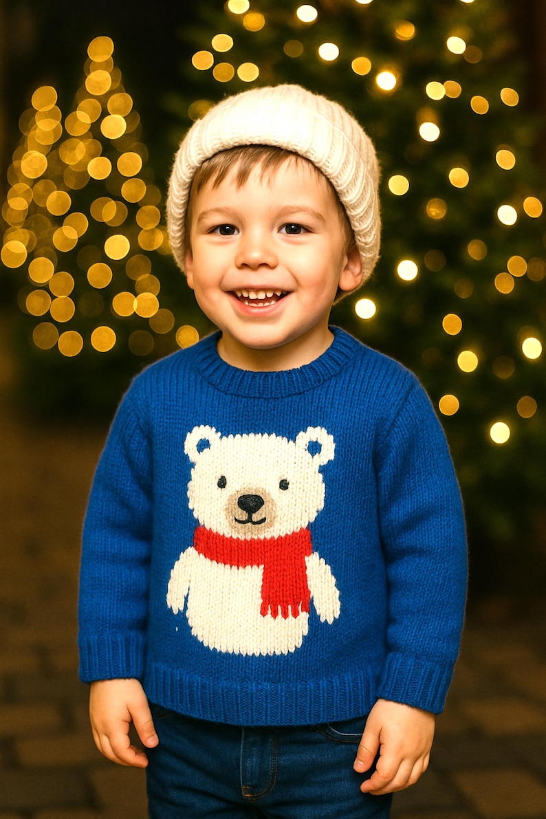 May include: A young child wearing a blue sweater with a white polar bear design and a red scarf. The child is also wearing a white knit cap. The background features blurred Christmas tree lights.