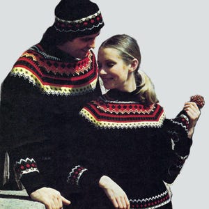 Men&#39;s Ladies Fair Isle Skiing Sweater & Hat PDF Knitting Pattern Women&#39;s Norwegian Yoked Jumper His Hers DK 4ply 34 - 42&quot; Vintage Download