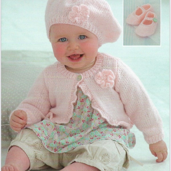 Baby Girls Beautiful Bolero Cardigan with matching Beret and Shoes knitting pattern, PDF. 0-7 years. Snuggly DK, Double Knit 8ply.