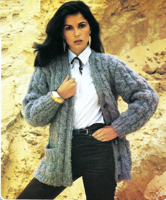 Ladies Chunky Cable Jacket Womens Long Easy Knit Cardigan with Pockets PDF  Knitting Pattern Bulky 12 ply 34 38