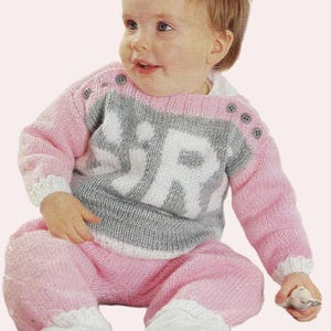 Easy Knit Baby Sweater Boy or Girl Intarsia Motif Toddler Jumper & Trousers Set DK 8ply Button Shoulder 6 - 18 mths Downloadable