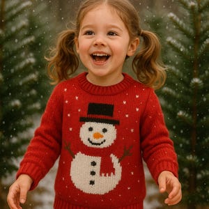Puede incluir: Una ni&ntilde;a sonriente con un su&eacute;ter rojo con un dise&ntilde;o de mu&ntilde;eco de nieve y pantalones vaqueros azules. El su&eacute;ter presenta un mu&ntilde;eco de nieve blanco con sombrero y bufanda negros. Nieve cayendo, con &aacute;rboles verdes.