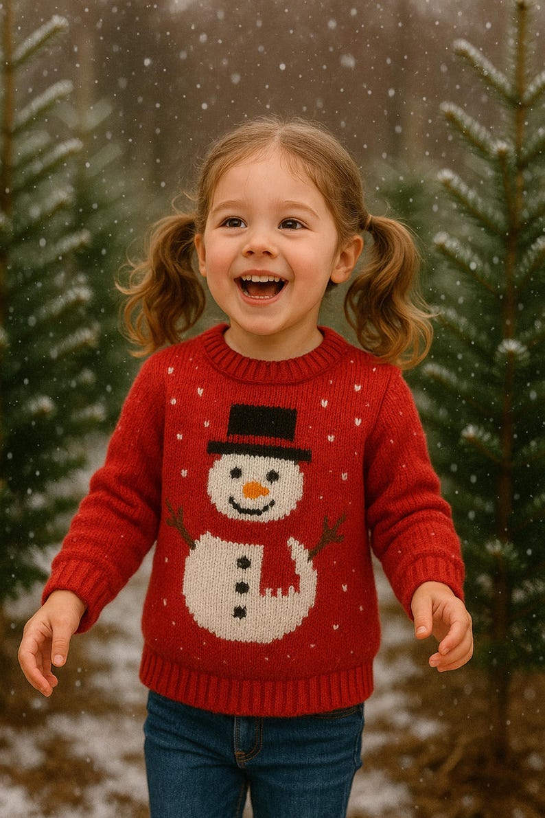Puede incluir: Una ni&ntilde;a sonriente con un su&eacute;ter rojo con un dise&ntilde;o de mu&ntilde;eco de nieve y pantalones vaqueros azules. El su&eacute;ter presenta un mu&ntilde;eco de nieve blanco con sombrero y bufanda negros. Nieve cayendo, con &aacute;rboles verdes.