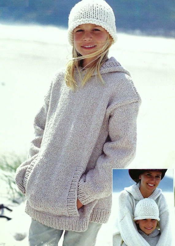 Family Hoody Easy Knit Hooded Sweater Tunic Jumper Knitting Pattern PDF Mens Womens Childs 24 - 44"  3 - Adult Super Chunky Bulky Download