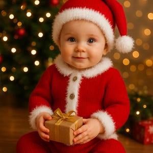 May include: A baby dressed in a red Santa Claus outfit, complete with a hat and white trim, holds a small wrapped gift with a gold bow. The background features a Christmas tree with lights and bokeh.