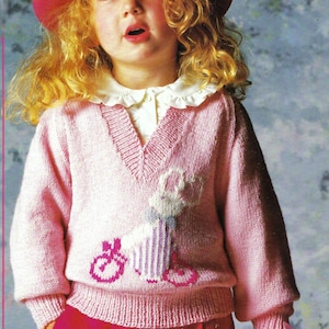 Girls V Neck Bunny Rabbit Motif Sweater Toddler Easter Jumper Pullover PDF Knitting Pattern DK 8ply 22 - 28&quot; Age 1 - 8 yrs Vintage Download