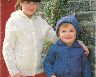 Boys Girls Toddler Cable Hooded Jacket Hat & Cardigan with Pockets PDF Knitting Pattern Aran 10ply Worsted 20 - 28" Age 6mth - 8 yrs Vintage