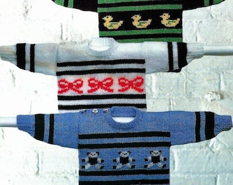Baby Boys Girls Motif Sweater Teddy Bear Duck & Bow Picture Jumper PDF Knitting Pattern DK 16 - 24" 0 - 4 yrs Vintage Download