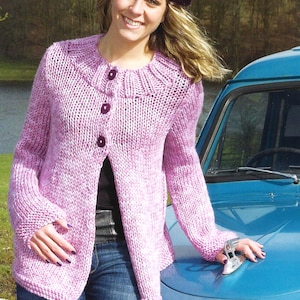 Ladies Chunky Swing Jacket Womens Rib Yoke Plain Cardigan Quick Knit PDF Knitting Pattern Bulky 12 ply 32 - 42&quot; Vintage Downloadable