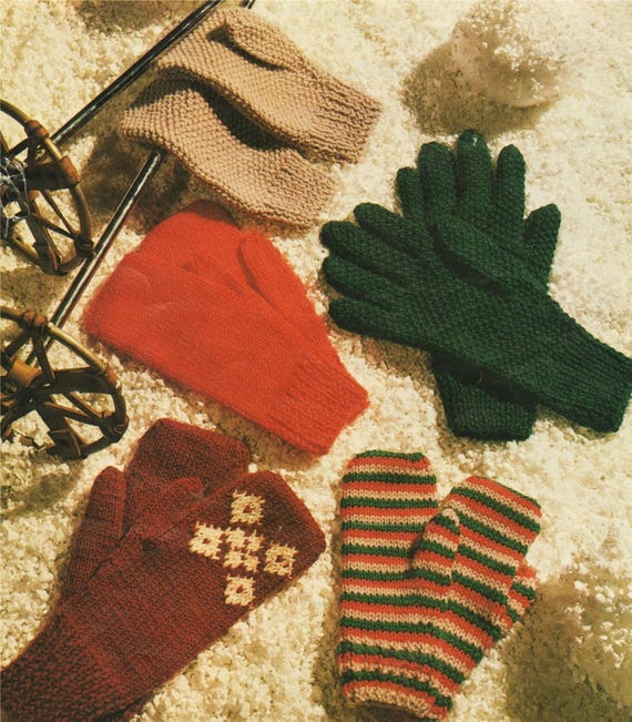 PDF Knitting Pattern Gloves Mittens 5 Design Fair Isle Plain Moss