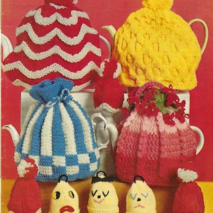 Tea Cosies in 5 Designs Check Striped Flower and Honeycomb Egg & Tea Cosy PDF Knitting Crochet Pattern DK 8ply Chunky 2 pint Teapot Vintage