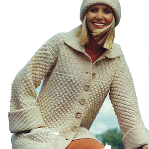 Ladies Chunky Long Coat Jacket Womens Bramble Stitch Cardigan Collar Pockets & Beanie Hat PDF Knitting Pattern Bulky 12ply 34 - 42&quot; Vintage