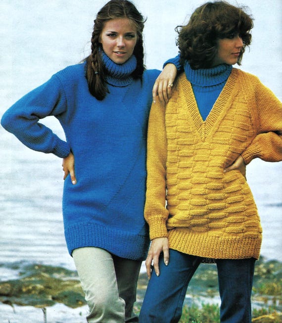 ladies dress sweaters Long Tunic Jumper Womens Sweater in 2 Designs Raglan Plain Weave PDF Knitting Pattern Chunky Bulky 12ply 34 - 38
