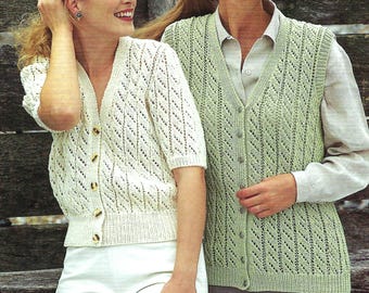 Ladies Short Sleeve Cardigan & Waistcoat PDF Knitting Pattern Women's Long Line Sleeveless Jacket DK 8ply 30 - 44" Downloadable Vintage