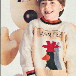Boys Girls Wanted Sweater with Wallace Gromit Feathers McGraw Jumper Motif PDF Intarsia Knitting Pattern DK 8ply 26 - 32&quot; 6 - 13 yr Download