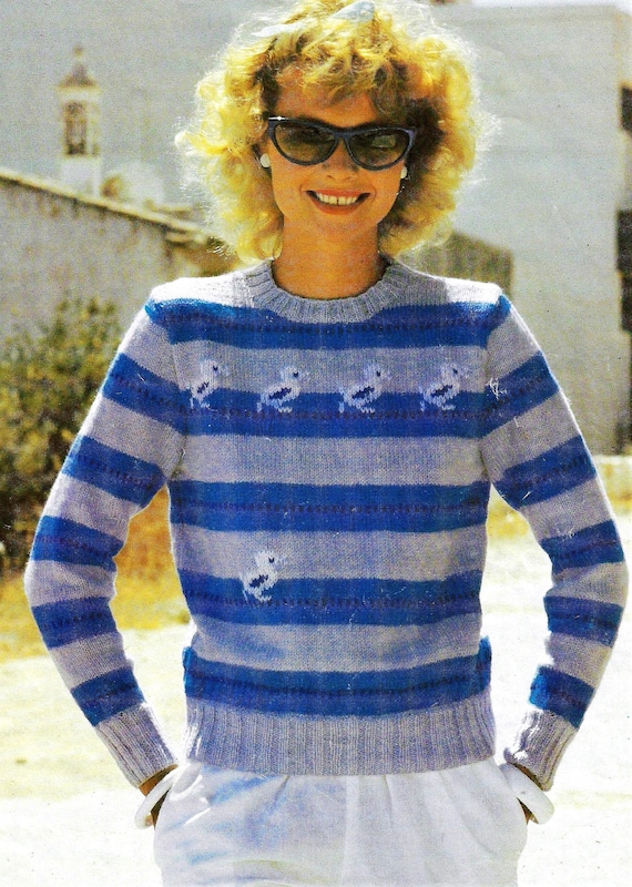 Ladies Easy Knit Striped Sweater Swiss Darn Duck Motif Womens