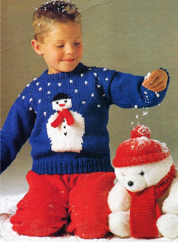 Chunky Christmas Sweater Boys Girls Snowman Motif Xmas Jumper PDF