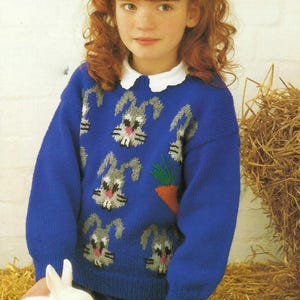 Boys Girls Easter Bunny Rabbit Motif Sweater Childs Jumper Pullover PDF Knitting Pattern DK 8[ly 24 - 30&quot; Age 3 - 10 yrs Vintage Download