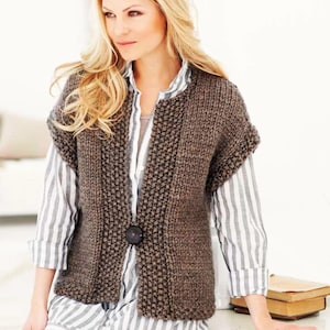 Womens Easy Knit Jacket & Waistcoat Beginners Super Chunky Knitting Pattern PDF 32 - 42&quot; Super Bulky Ladies Vest Cardiagn Downloadable