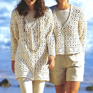 Crochet Pattern PDF Ladies Long or Short Lacy Cardigan Womens Leaf Flower Motif Jacket Cotton DK 8ply 32 - 42&quot; Vintage Downloadable