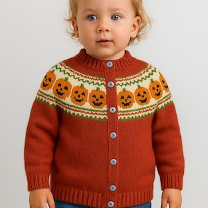 Knitting Pattern PDF Pumpkin Fair Isle Yoke Cardigan Halloween Novelty Toddler Girls Boys Yoked Jacket DK 8ply Age 1 - 5 yrs Downloadable