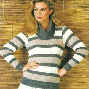 Ladies Cowl Neck Striped Sweater Women's Bold Stripe Jumper Pullover PDF Knitting Pattern DK 8ply  30 - 38" Vintage Downloadable