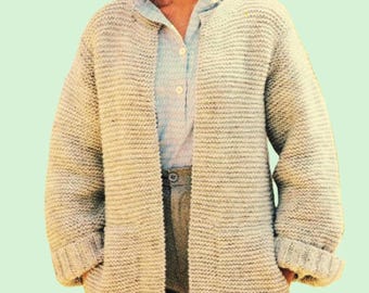 Womens Easy Knit Long Jacket Garter Stitch Ladies Cardigan with Pockets PDF Knitting Pattern 34 - 38" Chunky Bulky 12 ply Vintage Download