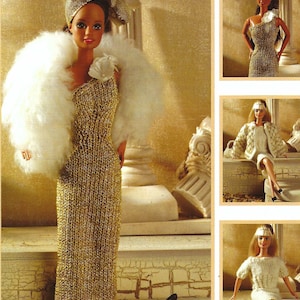 May include: Three knitted outfits for a doll, including a gold dress with a white fur stole, a white cardigan with a matching skirt, and a white sweater with a matching skirt.